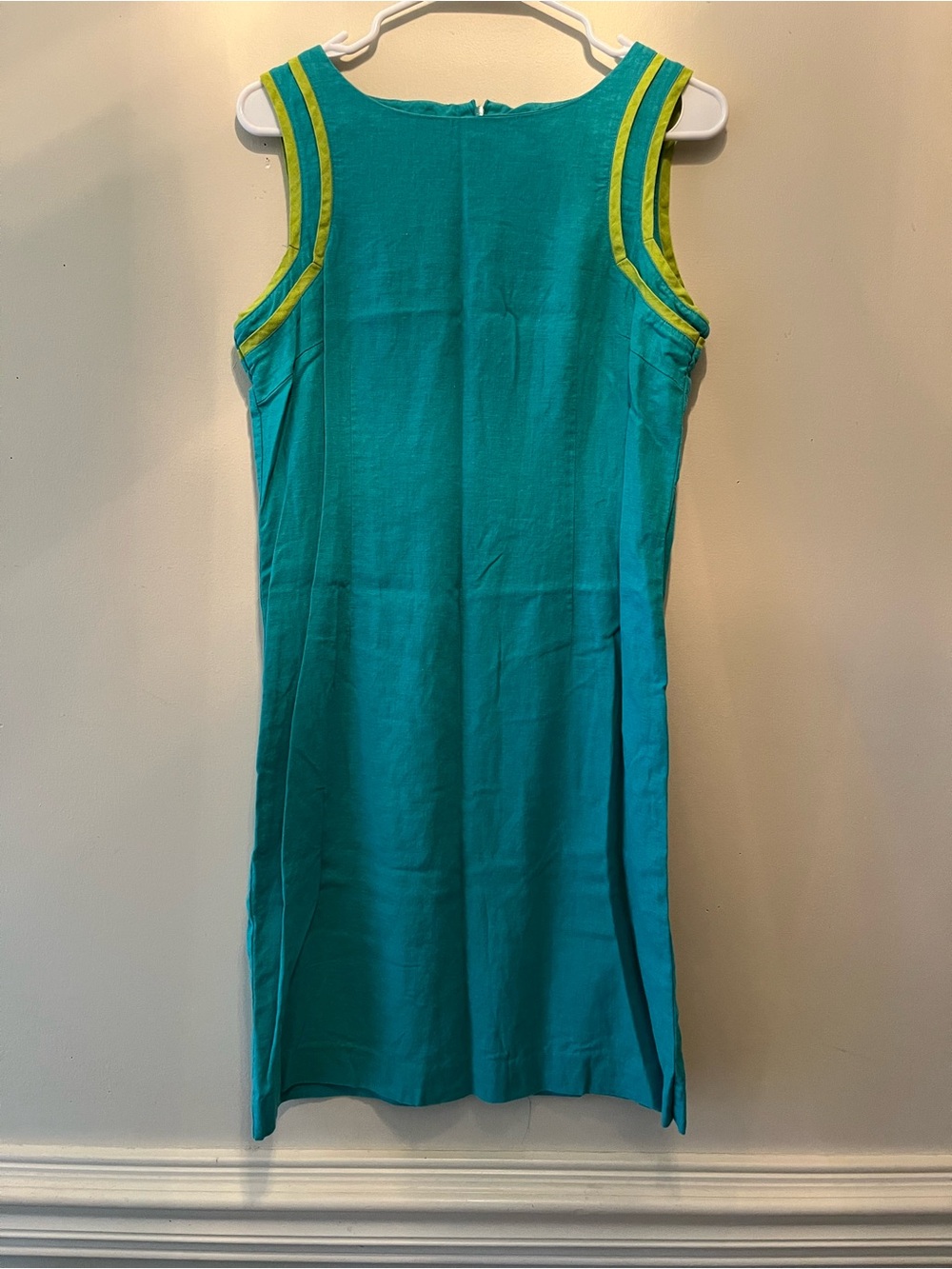 Vintage Kim Rogers Teal Dress with Lime Accent on arm holes size 10 midi length